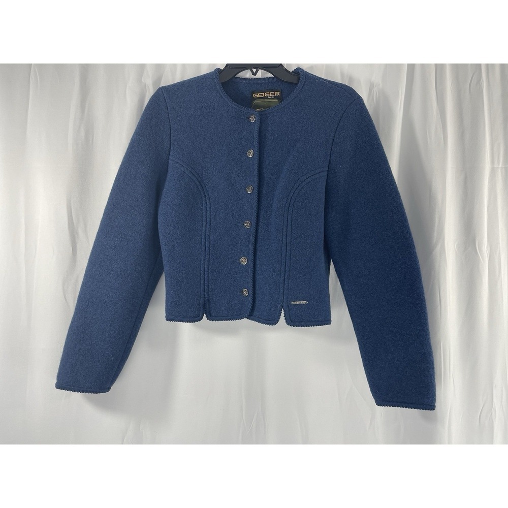 GEIGER AUSTRIA BLUE BOILED WOOL CROP TRACHTEN SWEATER ADROABLE JACKET Size 36